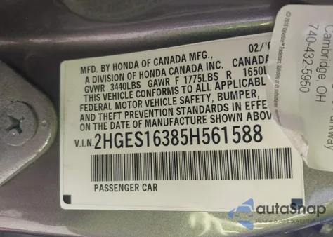2005 Honda Civic Vp z USA, uszkodzony, nr VIN 2HGES16385H561588